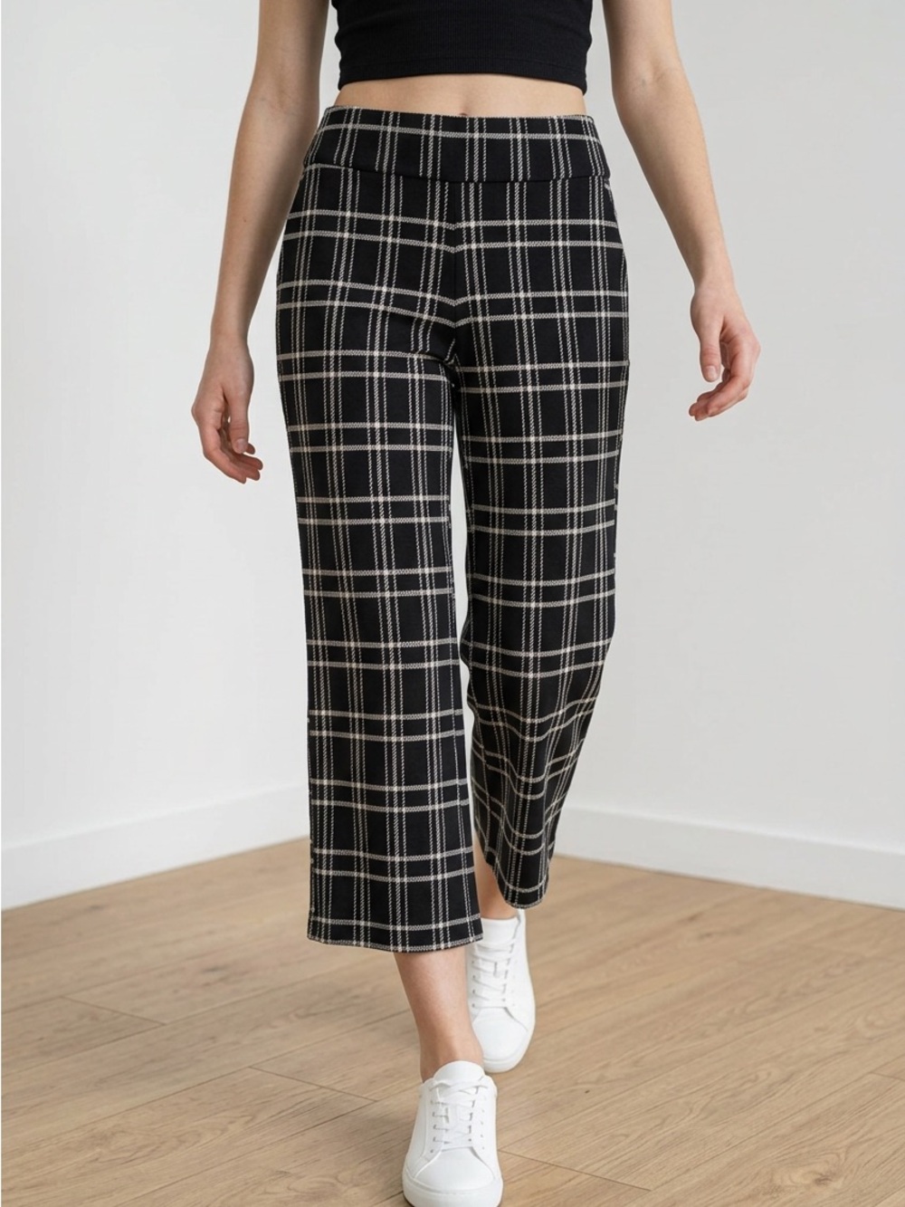 Liverpool Los Angeles Plaid Wide-Leg Crop Pants - Black/White